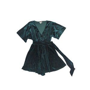 Velvet Wrap-Style Romper With Short Sleeves & Belt Medium Teal Unique Vintage